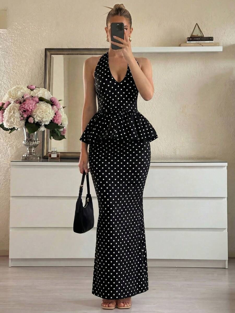 Lumalex Women's Polka Dot Halter Tie Backless Top And Mini Skirt 2-Piece Set, Fashionable Date Ou... | SHEIN