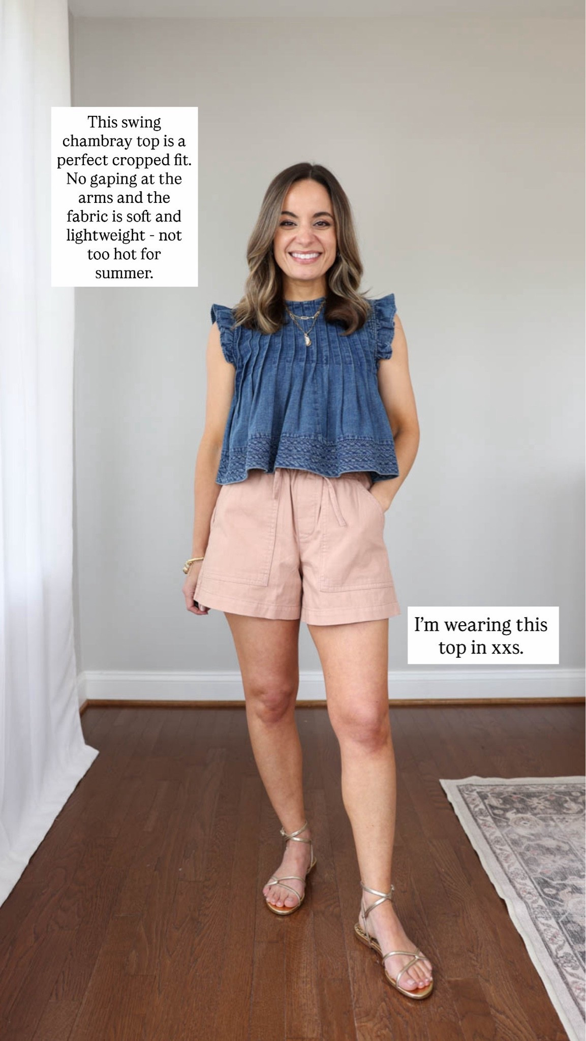I heard you were looking for petite-friendly tops you can wear untucked!

Chambray top (Anthropologie): xxs 
Shorts (BR Factory): xxs 
Sandals (Sam Edelman): true to size 

My measurements for reference: I’m 4’10” and 105lbs. My bust, waist, and hip measurement is 32”, 24”, and 36”.
