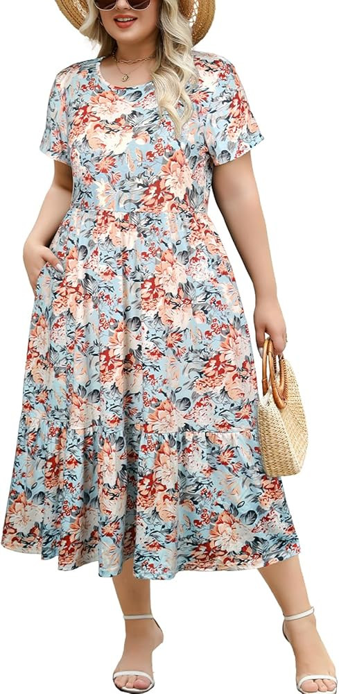 Women's Plus Size Midi Casual Dress with Pockets 1X-4X Tiered Short Sleeve Relax Fit Crewneck Sum... | Amazon (US)
