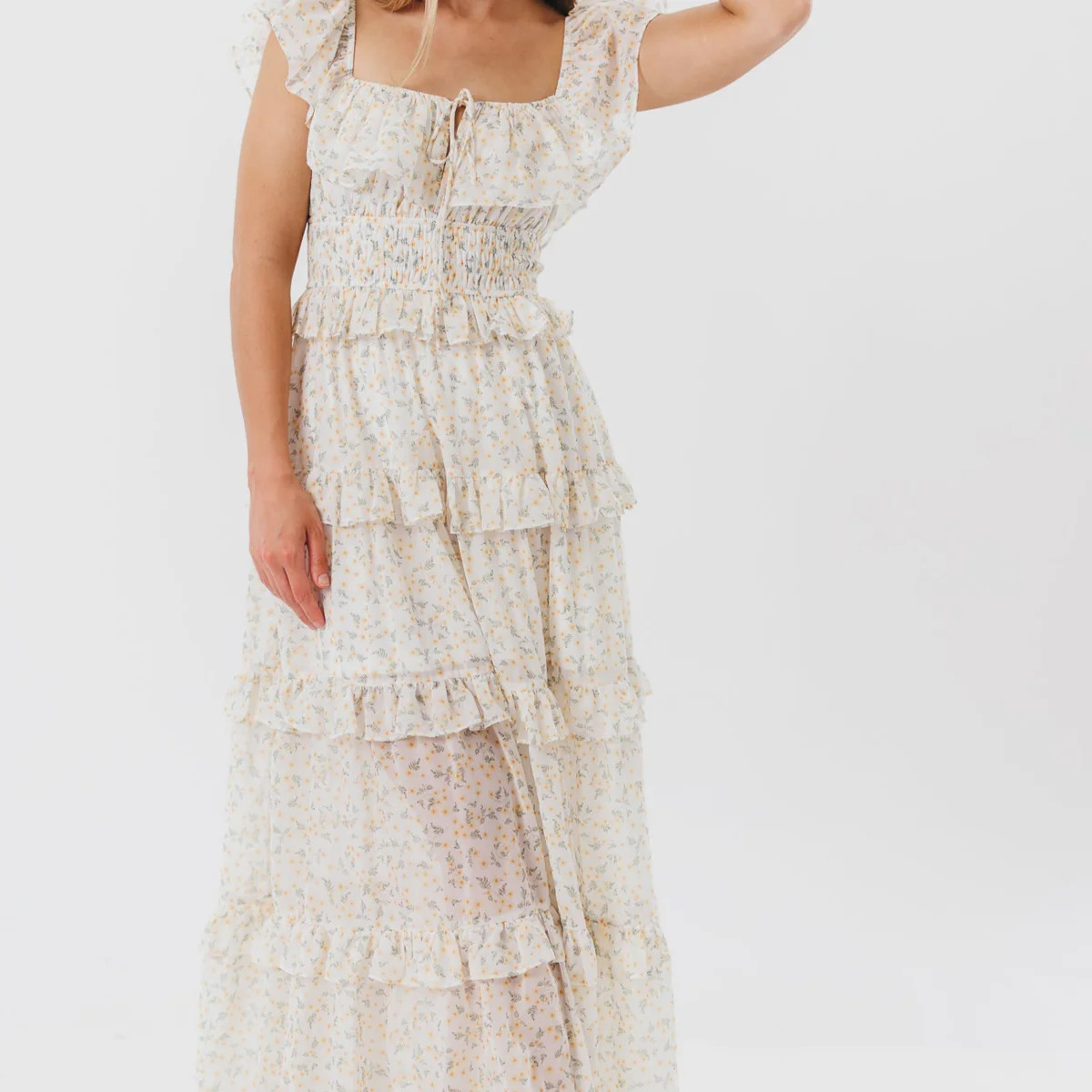 Astrid Ruffle Detail Maxi Dress in Yellow Floral - Bump Friendly | Worth Collective