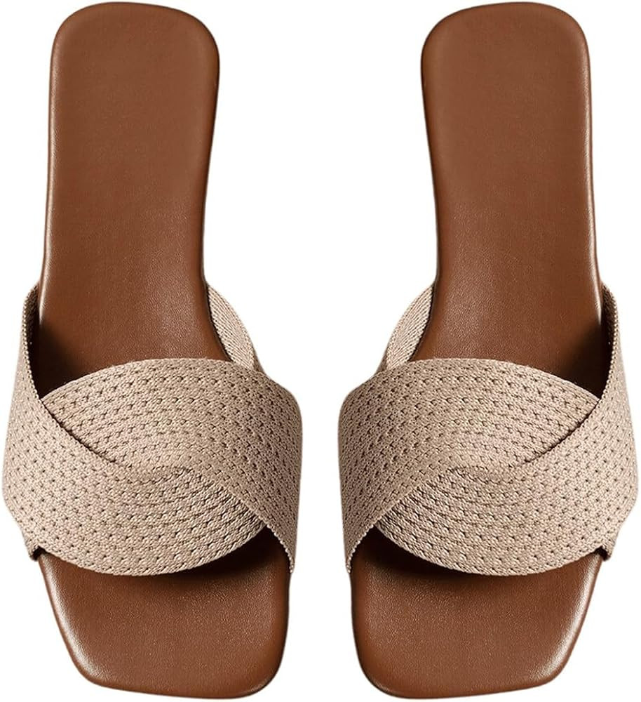 GORGLITTER Women's Crochet Flat Sandals Crossover Square Open Toe Comfortable Slip On Slide Sanda... | Amazon (US)