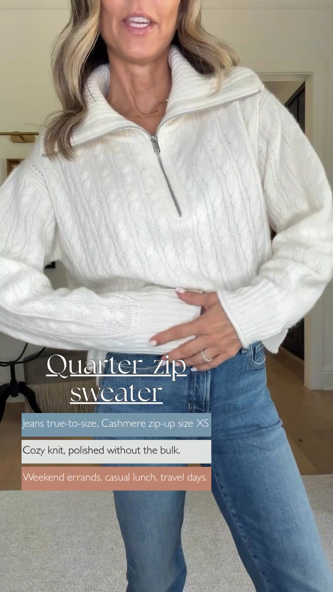 I’m 5’6”
-Jeans TTS
-White cashmere zip-up size XS
-Burgundy ballet flats size down ½ size

#LTKootd #LTKgrwm #LTKOver40