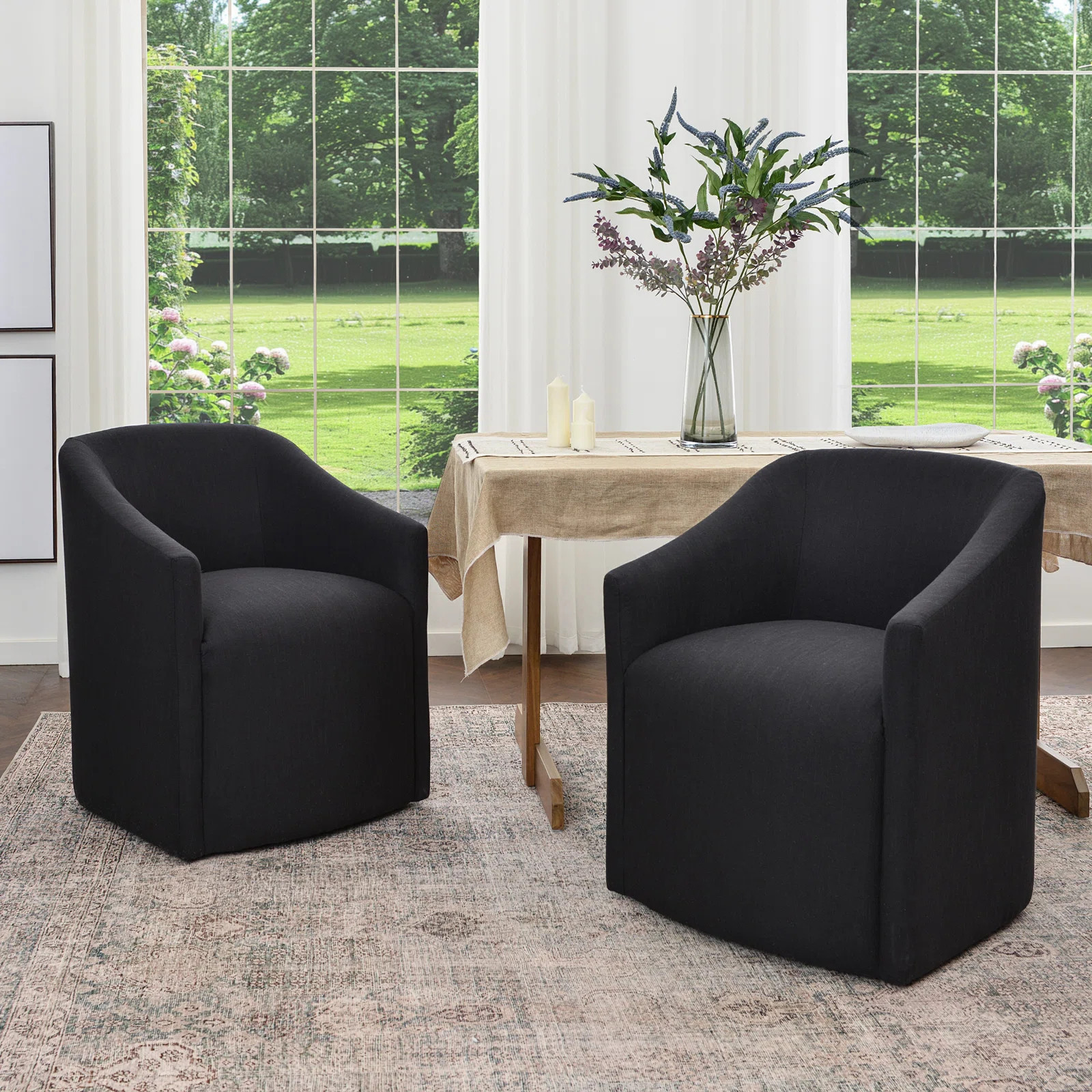 25" Wide Modern No Assembly Linen Barrel Back Upholstered Dining Armchair with Casters (Set of 2) | Wayfair North America