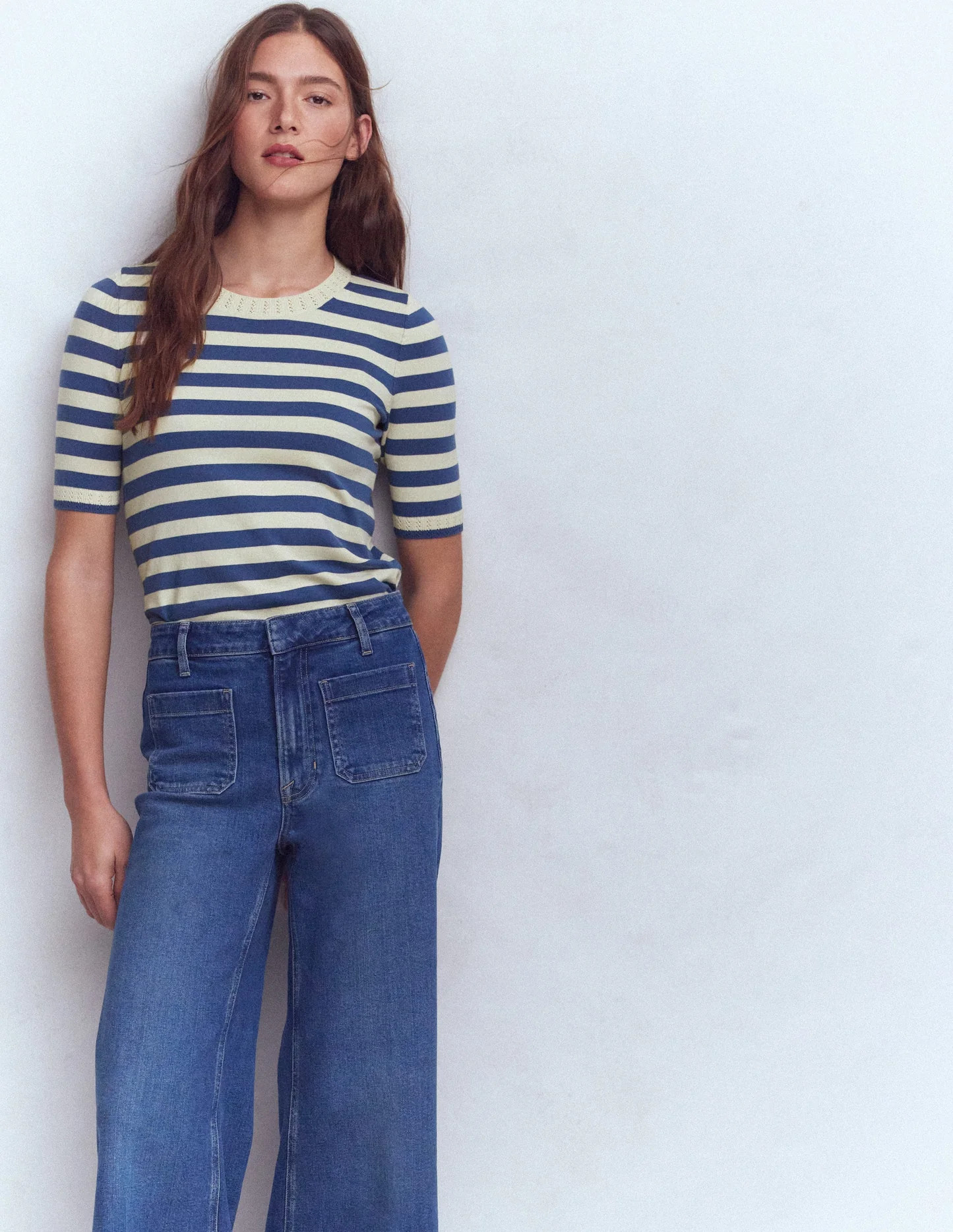 Emilia Cotton Crew T-shirt-Denim Blue/ Warm Ivory | Boden (US)