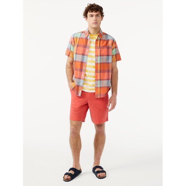 Free Assembly Men's Madras Button Down Shirt with Short Sleeves - Walmart.com | Walmart (US)