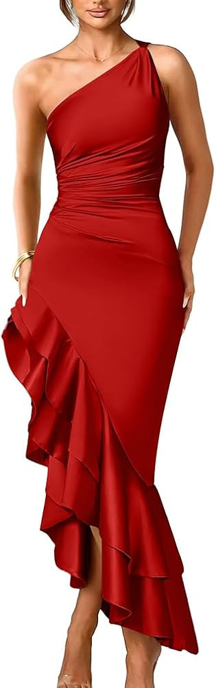 LAGSHIAN Women's Elegant One Shoulder Ruched Asymmetric Ruffle Satin Cocktail Party Maxi Dress | Amazon (US)