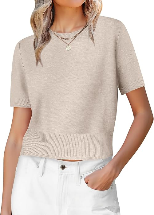 ANRABESS Womens Short Sleeve Sweaters Cropped Crew Neck | Amazon (US)