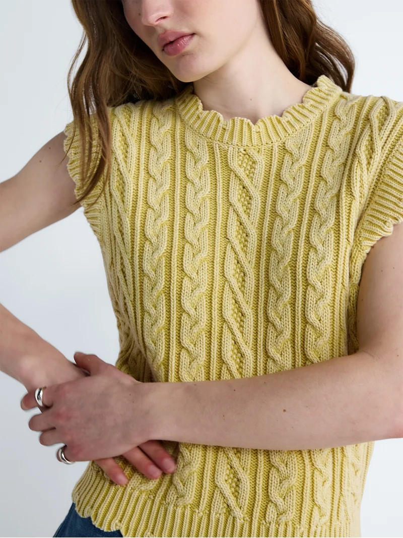Free Assembly Women's Scalloped Cable Knit Cotton Vest, Sizes XS-XXL | Walmart (US)