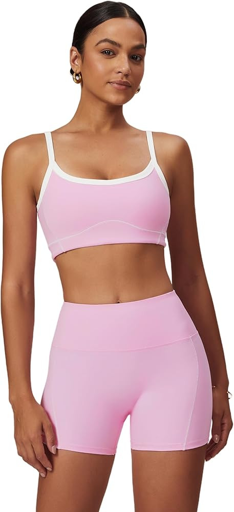 ABOCIW Workout Sets for Women 2 Piece Contrast Trim Sports Bra High Wasit Biker Shorts Gym Set | Amazon (US)