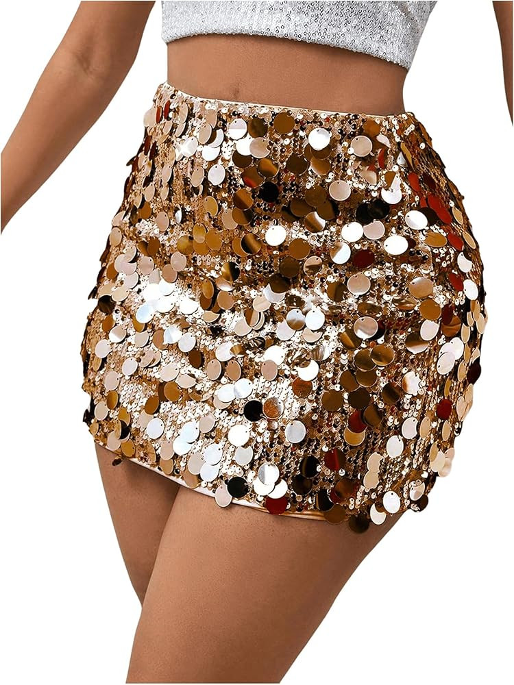 Floerns Women's Contrast Sequin High Waist Shining Party Bodycon Mini Skirt | Amazon (US)