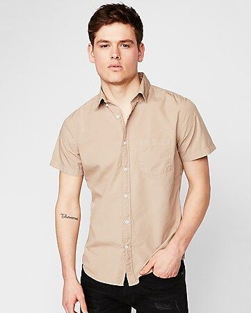 slim garment dyed button-down short sleeve shirt | Express