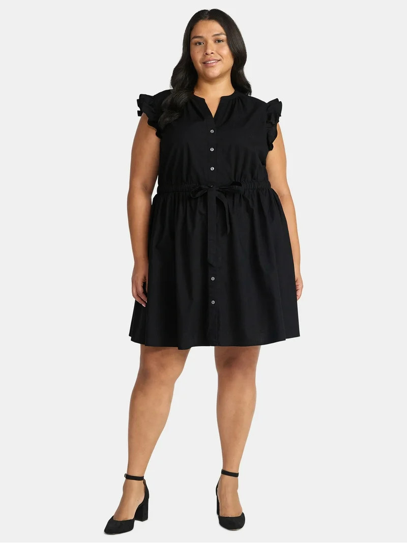 Time and Tru Women's and Women's Plus Button Front Cotton Mini Dress with Flutter Sleeves, Sizes ... | Walmart (US)