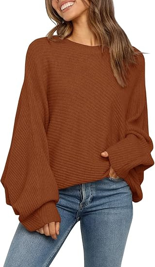 Mafulus Women's Oversized Crewneck Sweater Batwing Puff Long Sleeve Cable Slouchy Pullover Jumper... | Amazon (US)