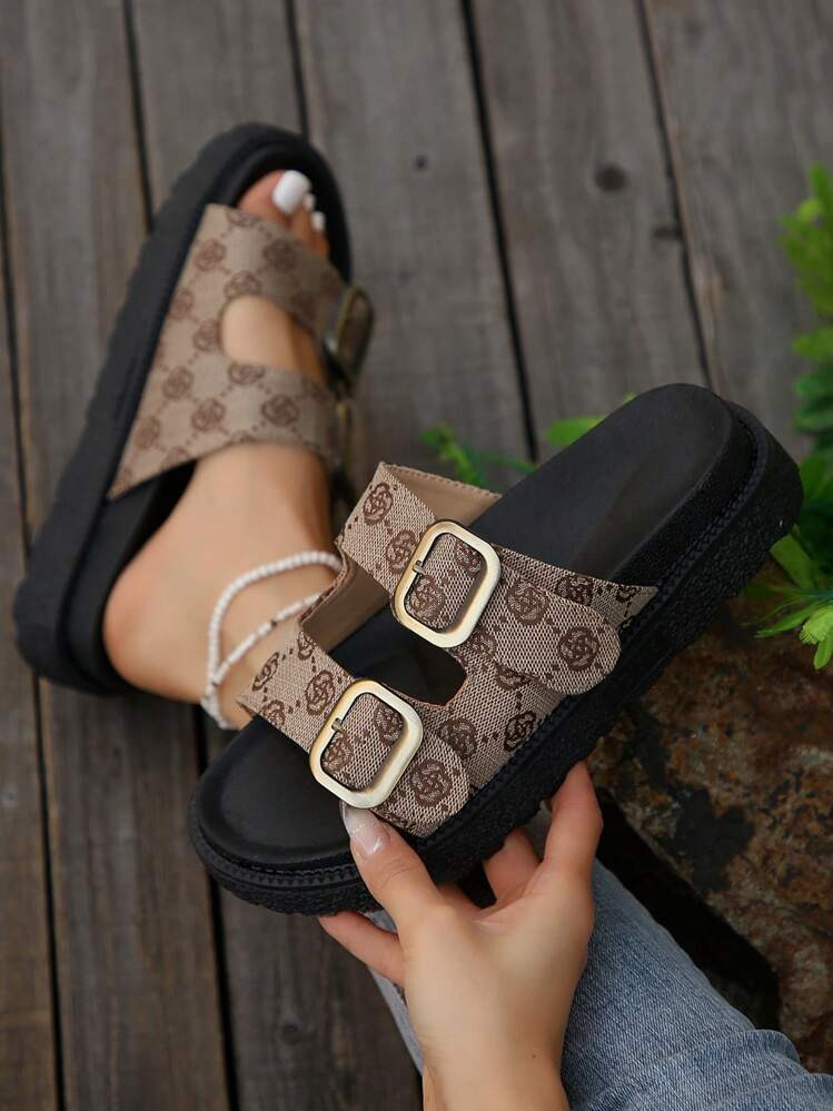 Women Fashionable Brown Vintage Printed Belt Buckle Thick Bottom Slide Sandals Summer Outdoor Flat Vacation Style Shoes | SHEIN