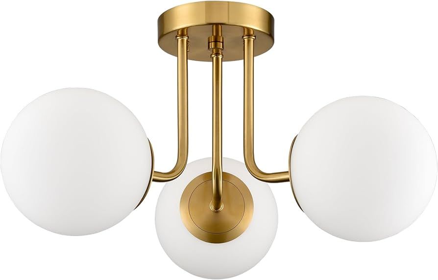Modern Brass Gold 3-Light Ceiling Light with Globe White Glass Shade Semi Flush Mount Ceiling Lig... | Amazon (US)