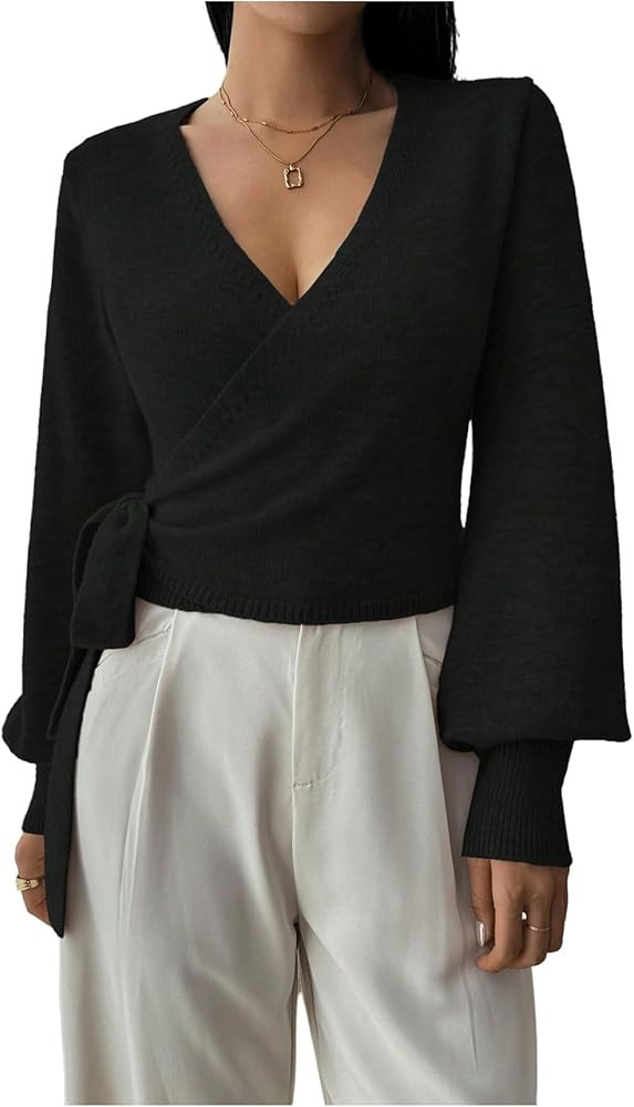 SHENHE Women's Casual V Neck Wrap Sweater Pullover Long Sleeve Slim Fit Knit Crop Top Sweater | Amazon (US)