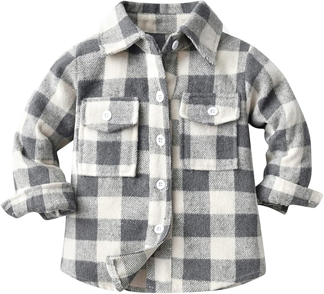 IMEKIS Toddler Kids Flannel Shirt Jacket Plaid Long Sleeve Lapel Button Down Shacket Baby Fall Chris | Amazon (US)