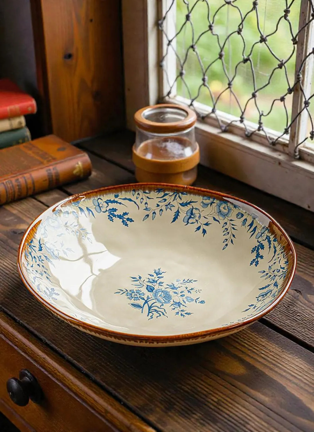 Vintage Blue Hibiscus Floral Deep Plate,lotus Edge Ceramic Pasta Bowl, Cottagecore Scalloped Serv... | Etsy (US)