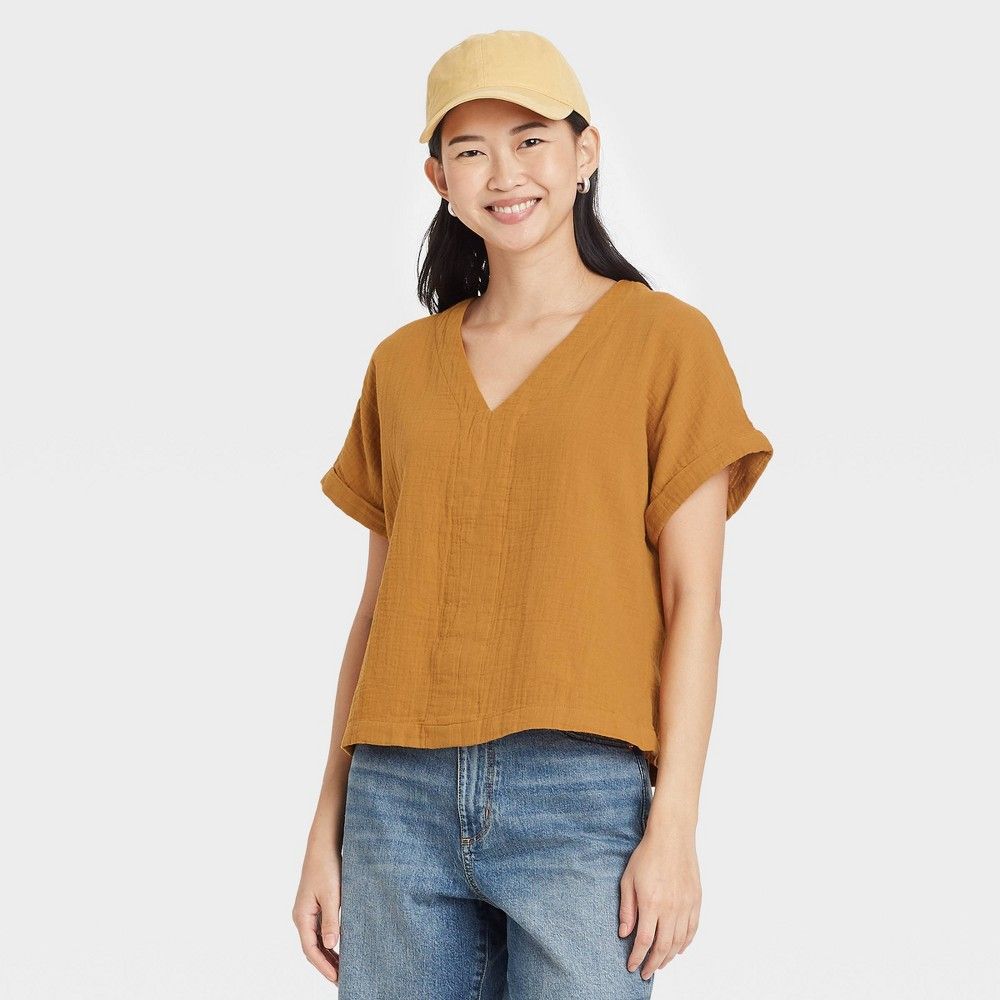 Women's Short Sleeve V-Neck Blouse - Universal Thread Brown M | Target