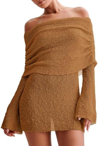 Imily Bela Womens Beach Swimsuit Cover Ups Summer Off The Shoulder Long Bell Sleeve Sheer Mini Dr... | Amazon (US)