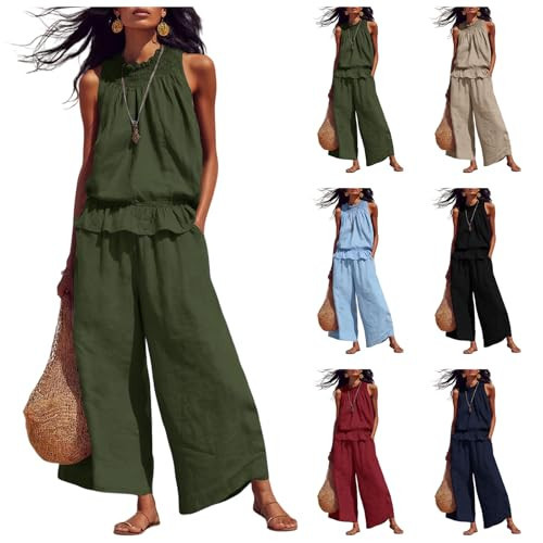 2 Piece Linen Set for Women Smocked Neck Sleeveless Ruffle Top Wide Leg Palazzo Pants Matching Set Lounge Vacation Outfits Green | Amazon (US)