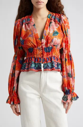 FARM Rio Marias Floral Plunge Neck Peplum Top | Nordstrom | Nordstrom