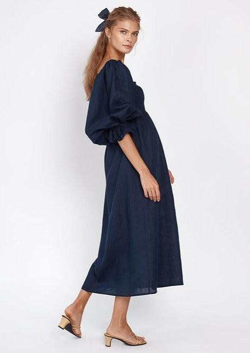 Sleeper Atlanta shirred linen midi dress in Navy | outdazl