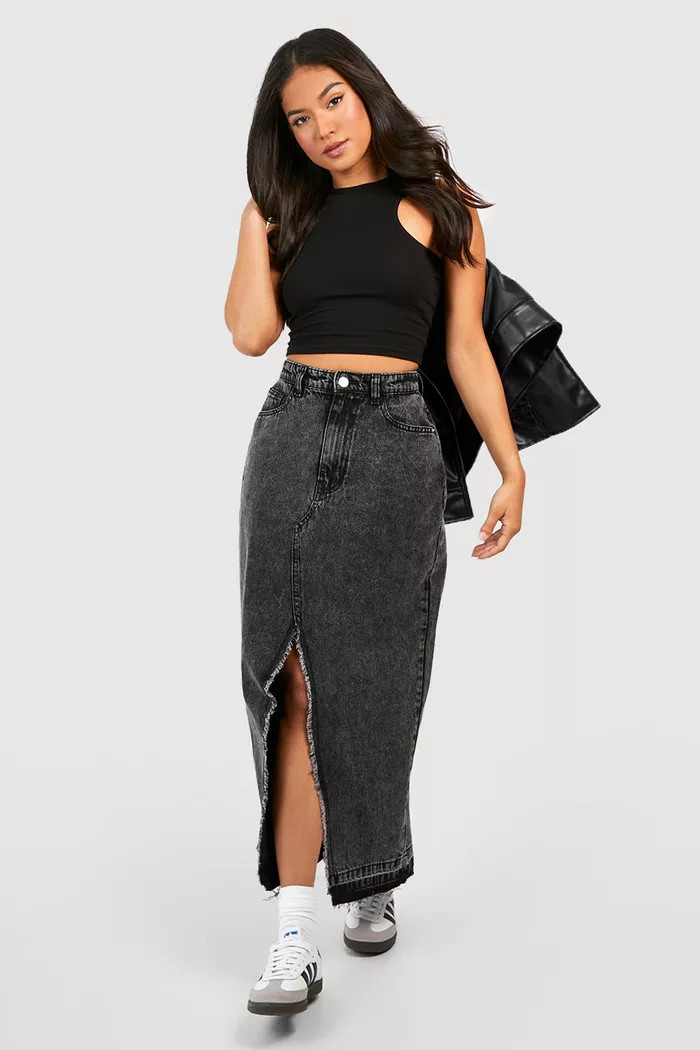 Petite Acid Wash Front And Back Split Denim Maxi Skirt | Boohoo.com (UK & IE)