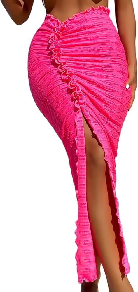 SHENHE Women's Swimsuit Coverup Split Thigh Bodycon Frilled Long Beach Cover Up Skirt | Amazon (US)