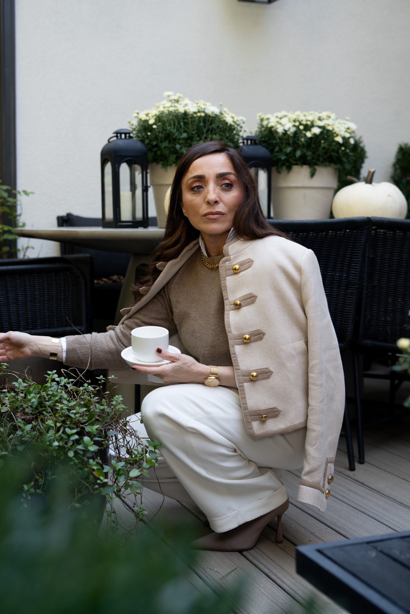 Fall mornings call for neutrals and caffeine! This Zara jacket instantly makes any outfit feel elevated — I’m obsessed with the gold detailing and tailored vibe. Paired with creamy tones and a cozy sweater, it’s giving classy, calm, and totally confident. My go-to fall uniform right here!!! 

#LTKOver40 #LTKPetite #LTKSeasonal