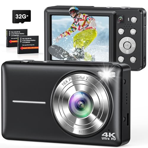 Digital Camera 4K, Compact Point and Shoot Digital Camera with Auto Focus, Dual Camera, Flash, 16X Zoom, 32GB Card, 64MP Cameras for Photography, Boys, Girls, Teens, Adults Vlogging Camera, Black | Amazon (US)
