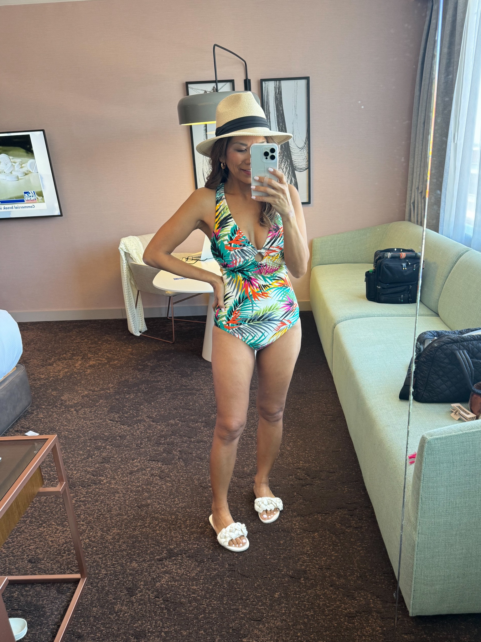 One piece swimsuit in small, tts, adjustable straps. 
Waterproof sandals fit tts

#LTKover40 #LTKswim #LTKfindsunder50