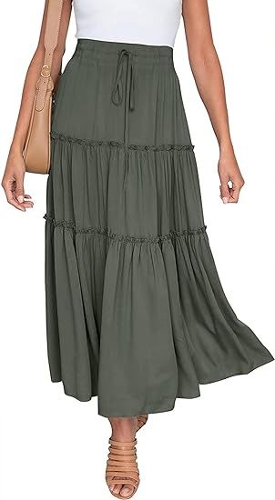 KIRUNDO 2022 Women's Summer Elastic High Waist Maxi Skirt Solid Color Casual A Line Flowy Ruffle ... | Amazon (US)
