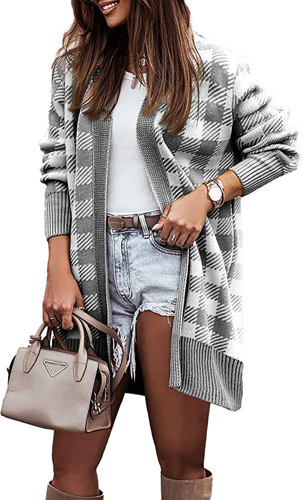 KIRUNDO Women's 2022 Fall Winter Long Sleeve Plaid Open Front Cardigan Loose Fit Soft Chunky Knit Ca | Amazon (US)