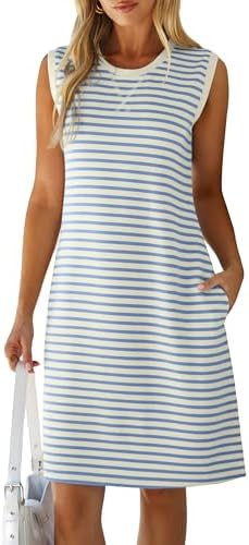 Glamaker Womens Summer Tshirt Dresses Casual Sleeveless Striped Shift Tank Short Sundress Boho Be... | Amazon (US)