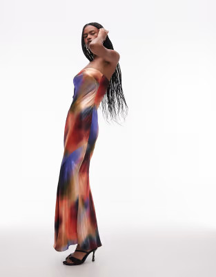 Topshop satin bandeau maxi slip dress in sunset tone print | ASOS | ASOS (Global)