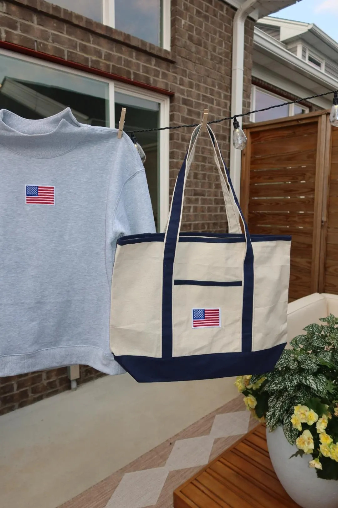 USA Flag Embroidered Canvas Tote Bag | Embroidered American Flag Navy Trim Tote - Etsy | Etsy (US)