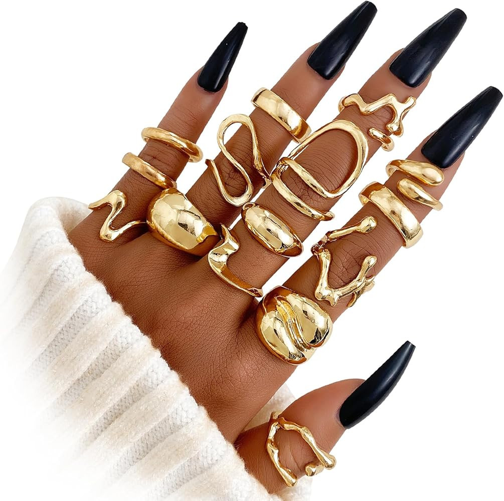 IFKM Gold Chunky Rings Set for Women 14k Gold Plated Thick Dome Stackable Open Rings Trendy Daint... | Amazon (US)