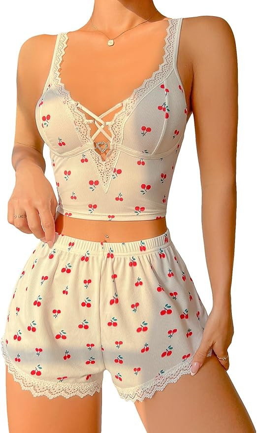SHENHE Women's Cherry Print Cute Lace Trim Crop Cami and Shorts Ribbed Pajama Set | Amazon (US)