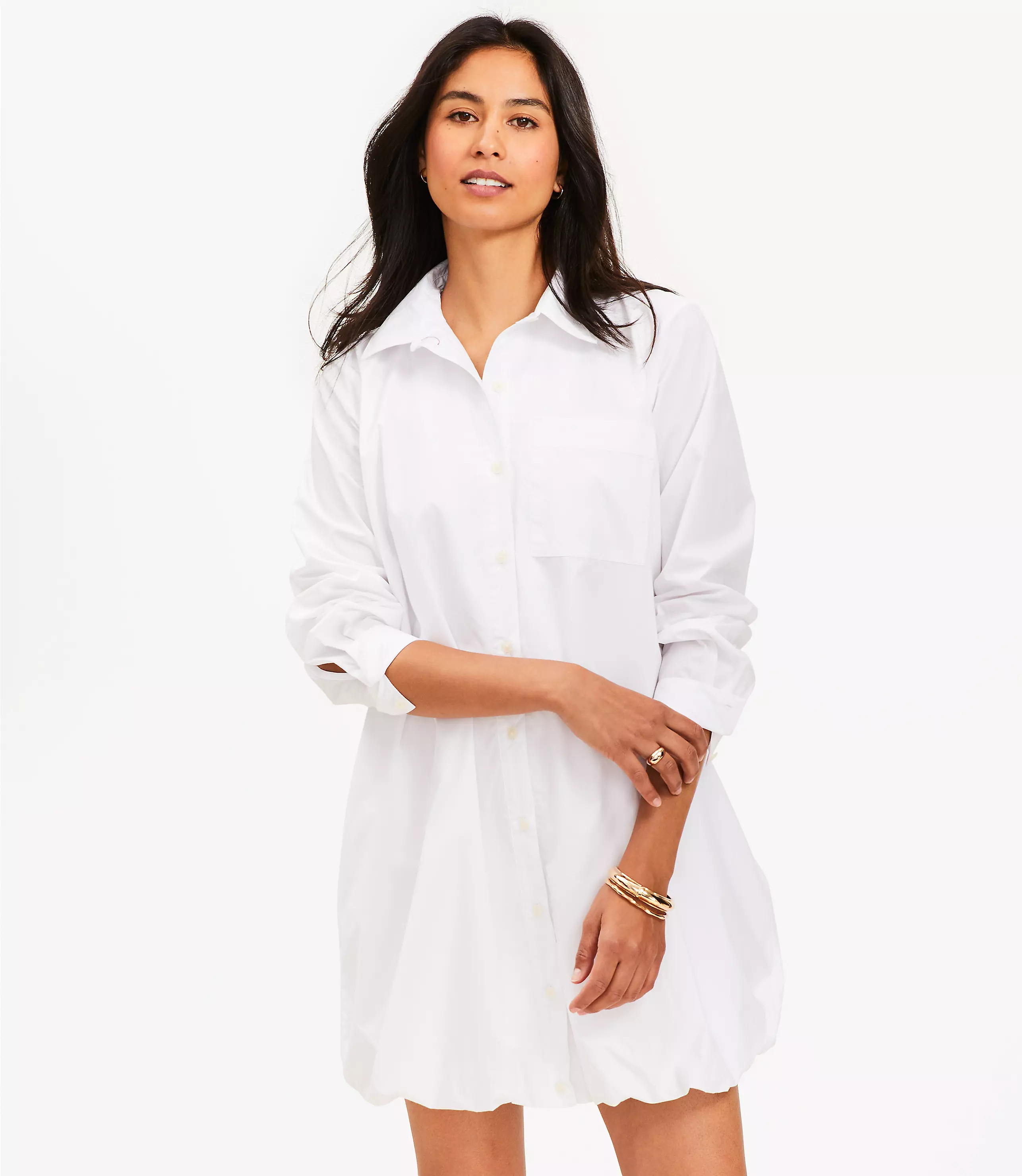 Poplin Bubble Hem Mini Pocket Shirtdress | LOFT