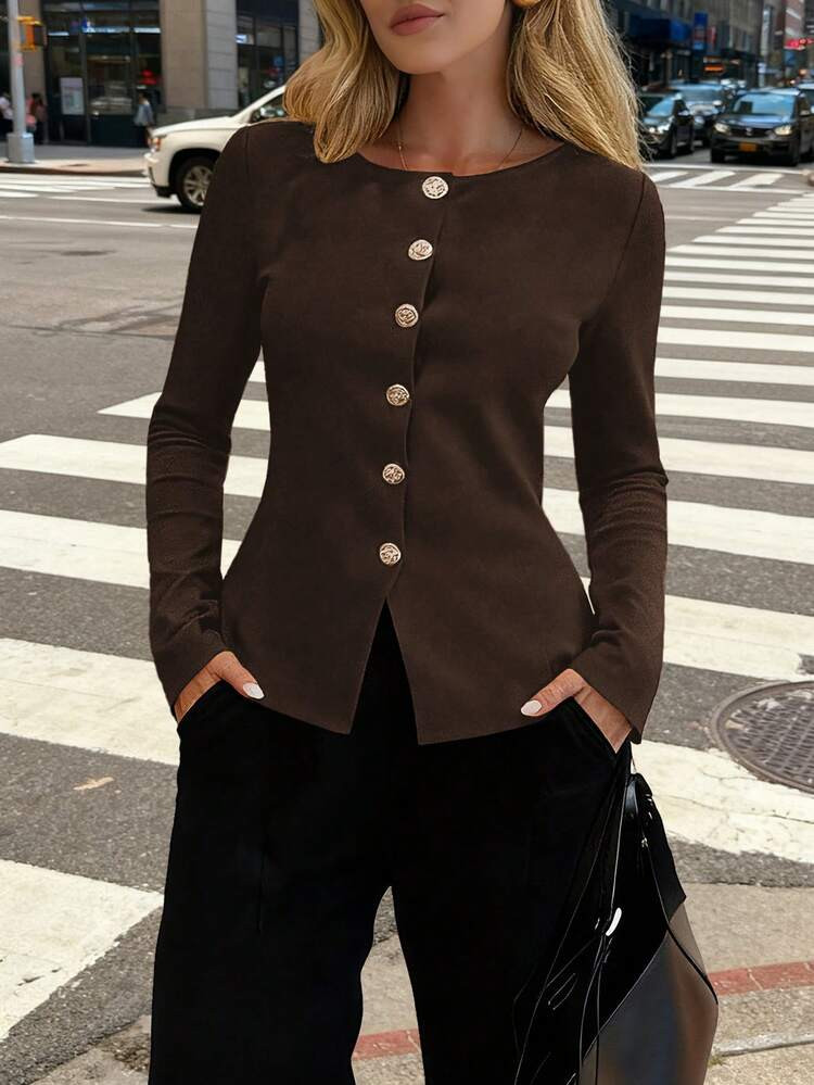 £13.43 -25% £17.99   Save £0.67 off this item after joining. Free Shipping 3-Day Delivery Vintage Chic Fashionable Metal Button Down Open Front Solid Color Long Sleeve Round Crew Neck Thin Cardigan, Slim Modest Elegant Minimalana Casual Knit Sweater For Women, Spring Autumn Winter 4.89 (1000+) Color: Brown        Size UK 6 (XS) 8 (S) 10 (M) 12/14 (L) 16 (XL) 18 (XXL)  Size Guide  93% found it true to size  Not your size? Tell us 12/14 (L) is eligible for 3-Day Delivery  | SHEIN