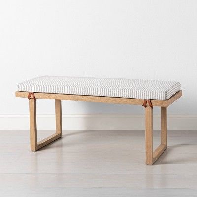 Upholstered Micro-Stripe Natural Wood Bench Dark Gray/Beige - Hearth & Hand™ with Magnolia | Target