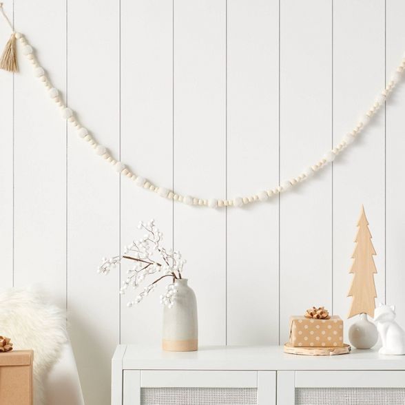 6ft Wood Beaded Garland with Gold Tassels White/Natural - Wondershop&#8482; | Target