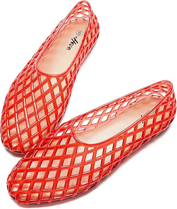 HEVA Women's Jelly Mesh Flats Breathable Clear Hollow Shoes Summer Beach Jellies Ballet Sandals | Amazon (US)
