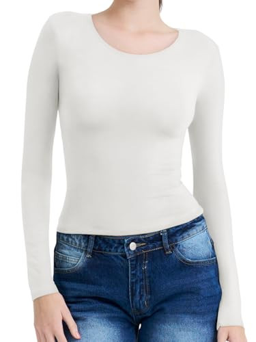 ATiPA Long Sleeve Shirt Tops – Soft Double-Layer Underscrub Long Sleeve Women Base Layer, Breathable & Stretchy Long Sleeve Shirt for All-Day Comfort, Off-White Small | Amazon (US)