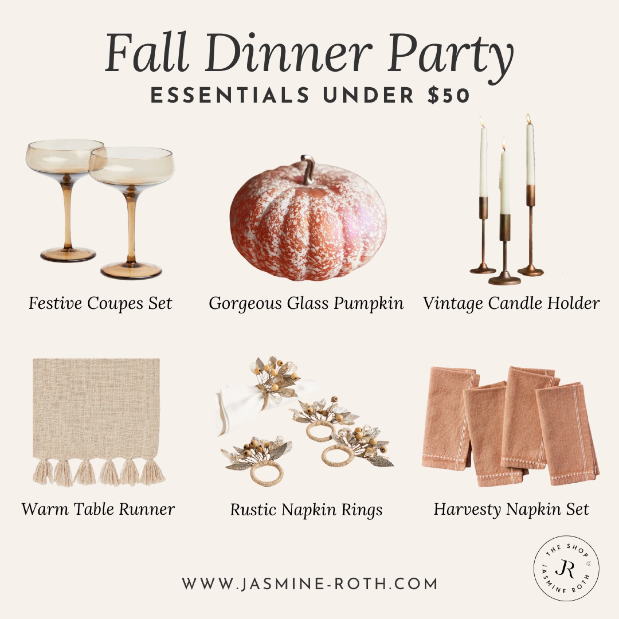 Shop fall dinner party essentials under $50 and host in style this season. 

#LTKhome #dinnerparty #hostingideas #hosting #dinneressentials #kitchenessentials 

#LTKHome