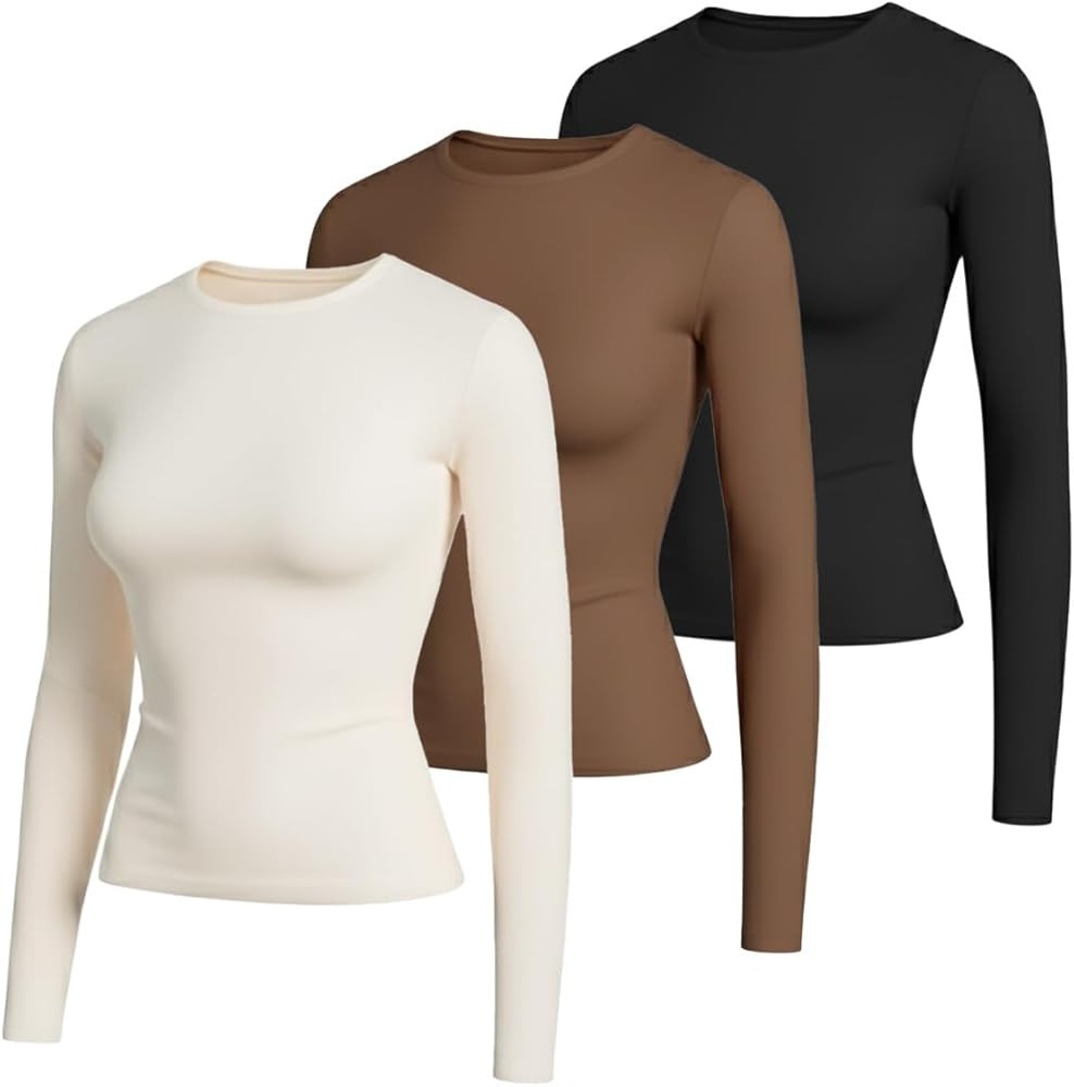 Liloak Women Double Lined Silky Shirts Pack Long Sleeve Thin Basic Tees Slim Fit Crew Neck Airy T... | Amazon (US)