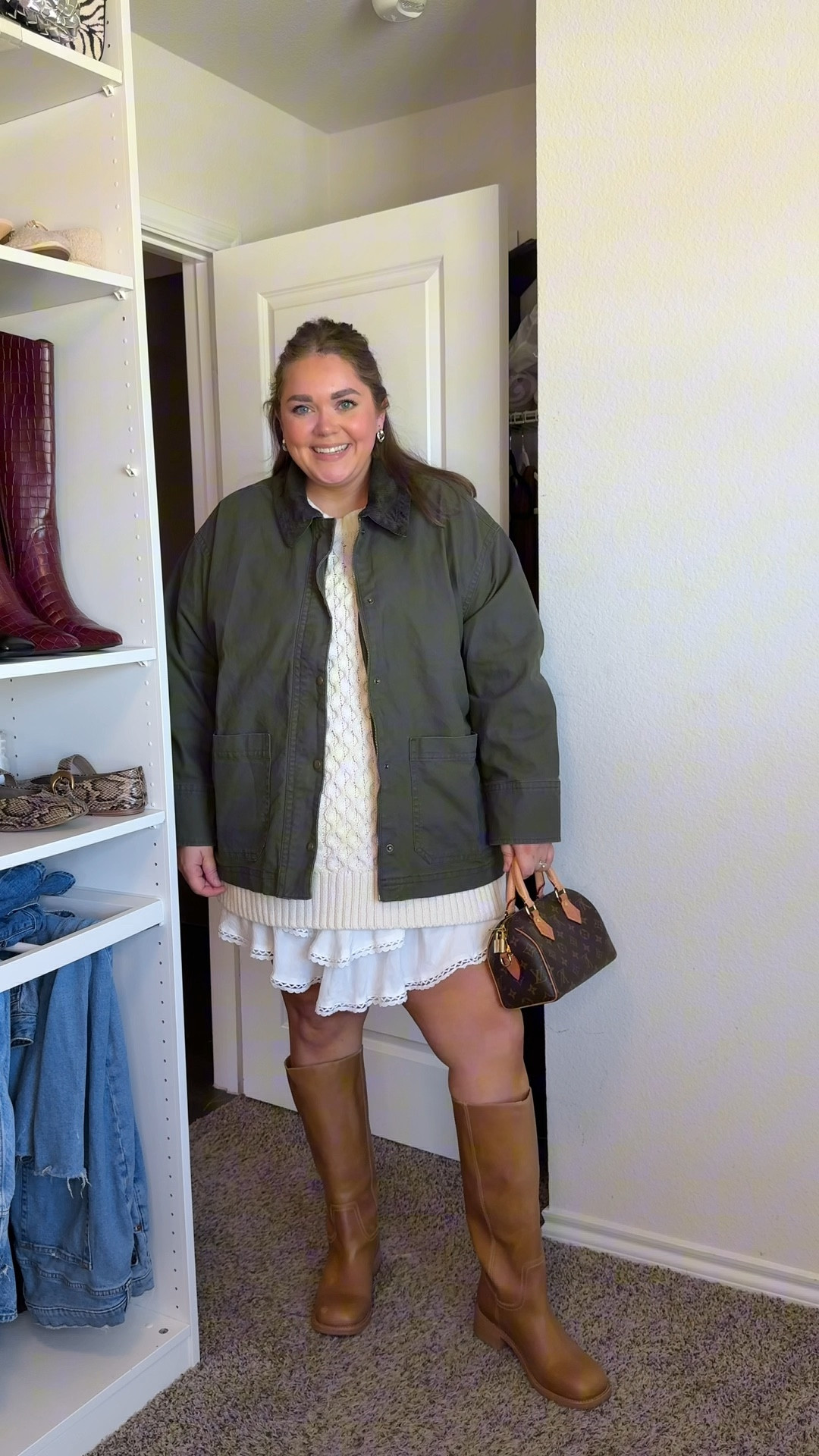 Fall thanksgiving outfit idea. Wearing xxl in skort. Sweater is sold out but linked similar just size up to get the oversized look. Wide calf boots are so comfy. Wearing xxl in barn jacket  

#LTKFindsUnder50 #LTKPlusSize #LTKHoliday
