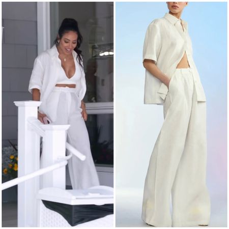 Melissa Gorga’s White Button Down Shirt and Pants Set of from EnvybyMG.com. Shop Similar Below