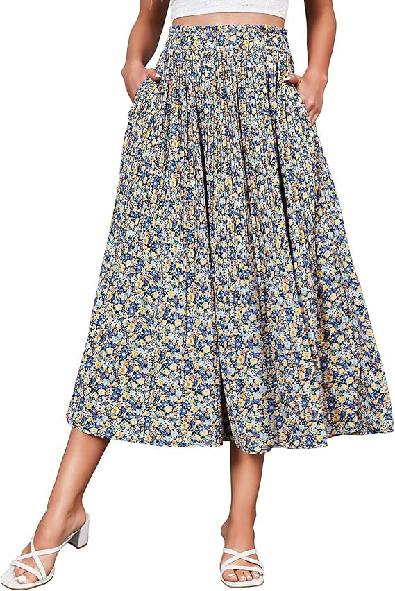 Zeagoo Women's Midi Skirts High Waisted Pleated A-Line Swing Skirts Summer Floral Long Skirts wit... | Amazon (US)